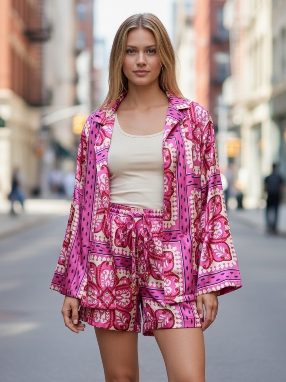 Alex & Parker Pink Printed lounge Relaxed Shorts & Jacket Set Size XL